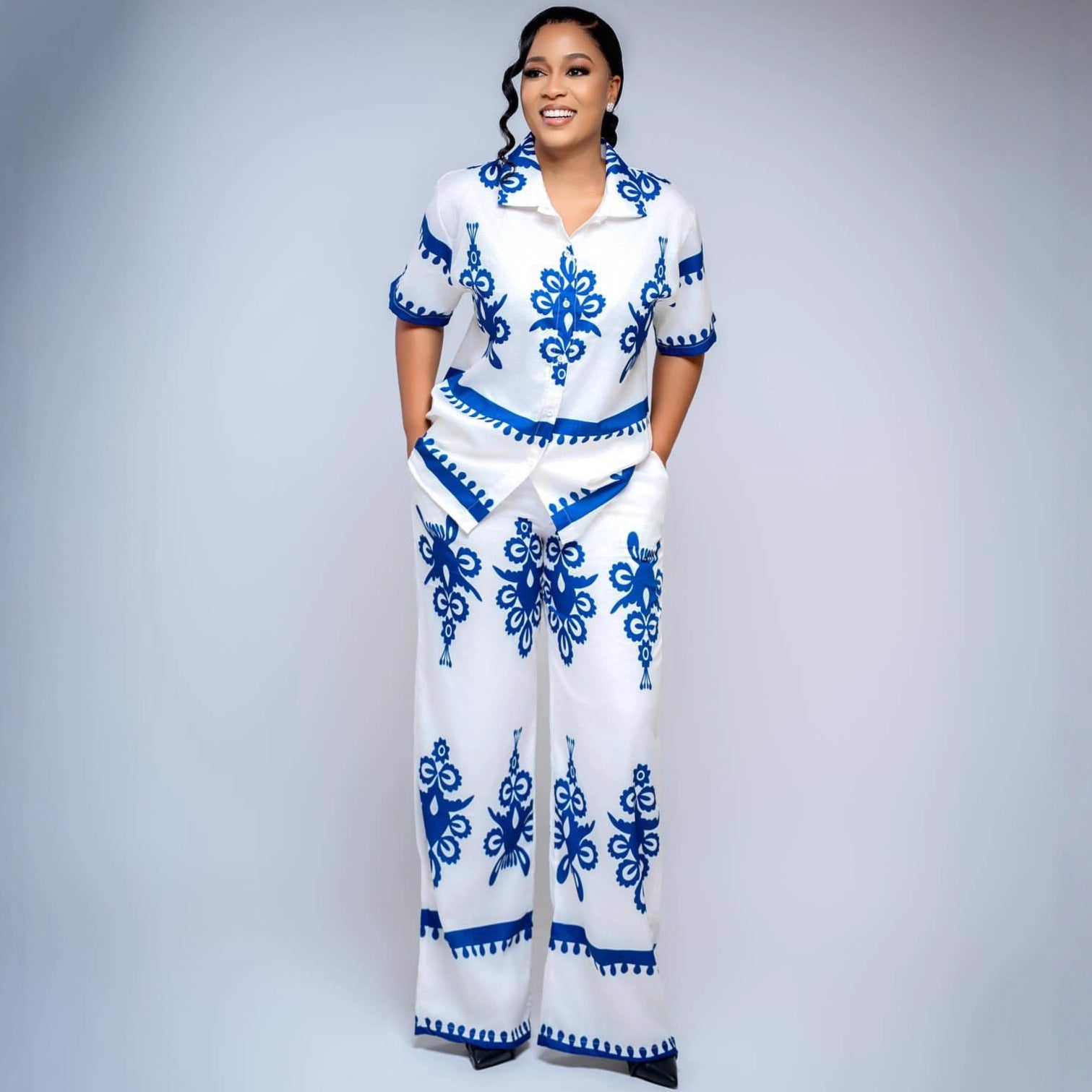 European and American large-size women's clothing short-sleeved lapel positioning printed cardigan shirt African loose foreign style high waist trousers set