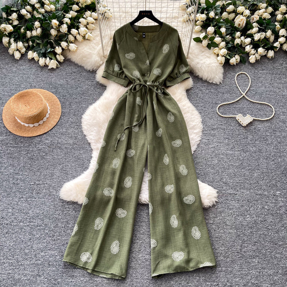 Vintage polka dot v-neck ruched trendy jumpsuit - women's  summer high-waisted slimming wide leg straight leg pants