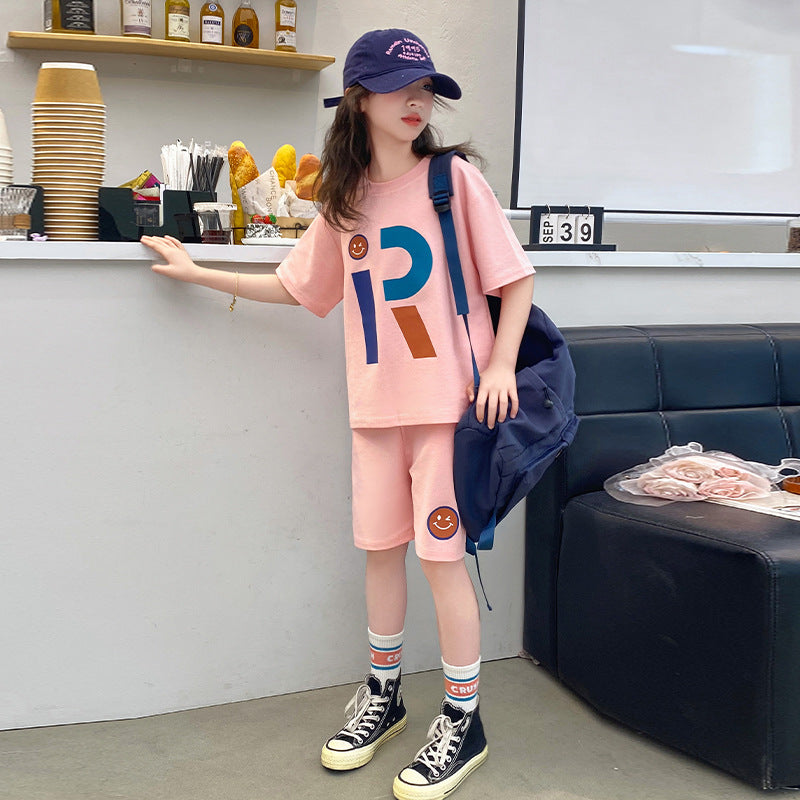 Girls' summer loose-fit short sleeve & shorts two-piece set -  new korean style girls' activewear top & shorts outfit