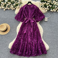 Palace style classy stereo flower lantern sleeve dress female french strap waist single breasted elegance long skirt