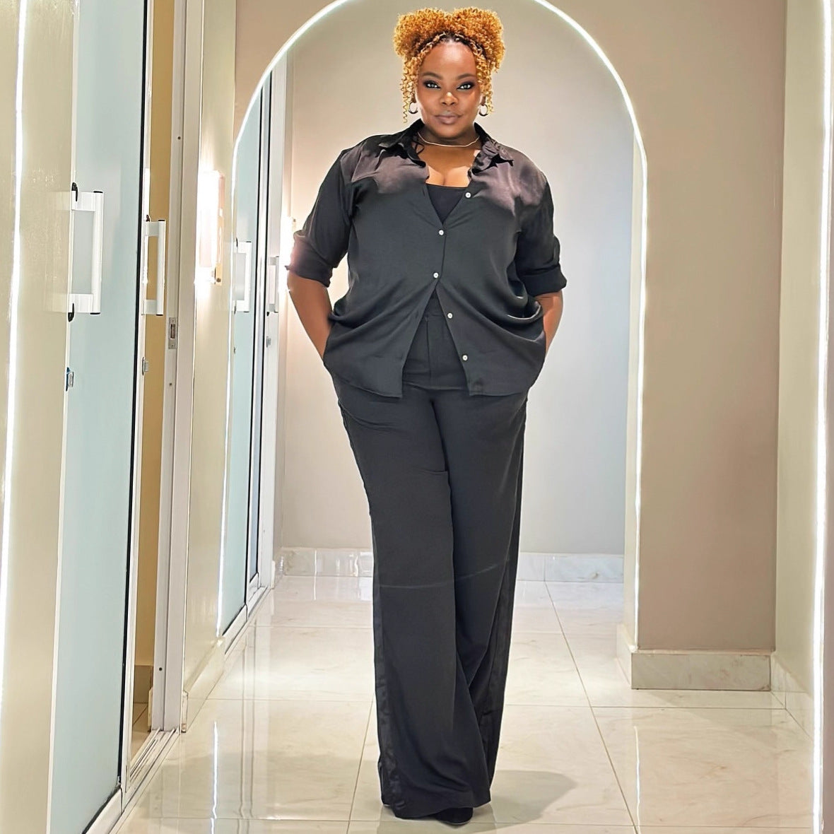 European and American large-size women's fashion suit solid color lapel cardigan shirt women's African temperament foreign style trousers two-piece set