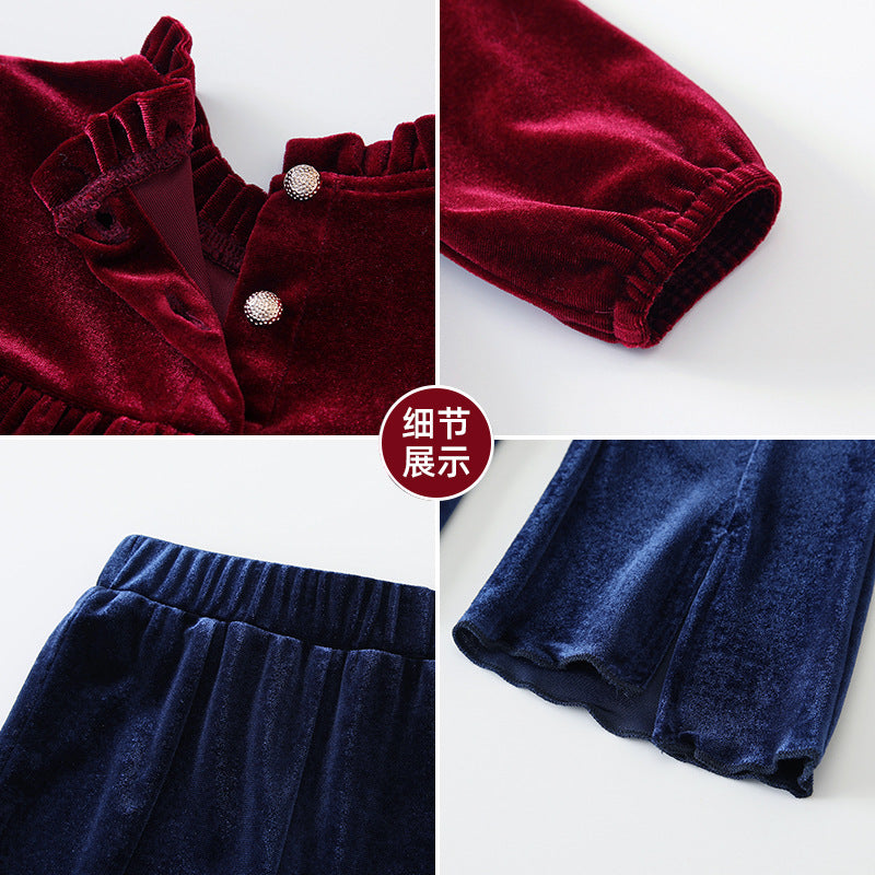 Girls' clothing  new retro autumn collection: burgundy lace long-sleeve princess outfit for girls