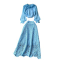 Elegant two-piece set: women's high-end 3d floral french long-sleeve blouse + high-waisted midi lace skirt