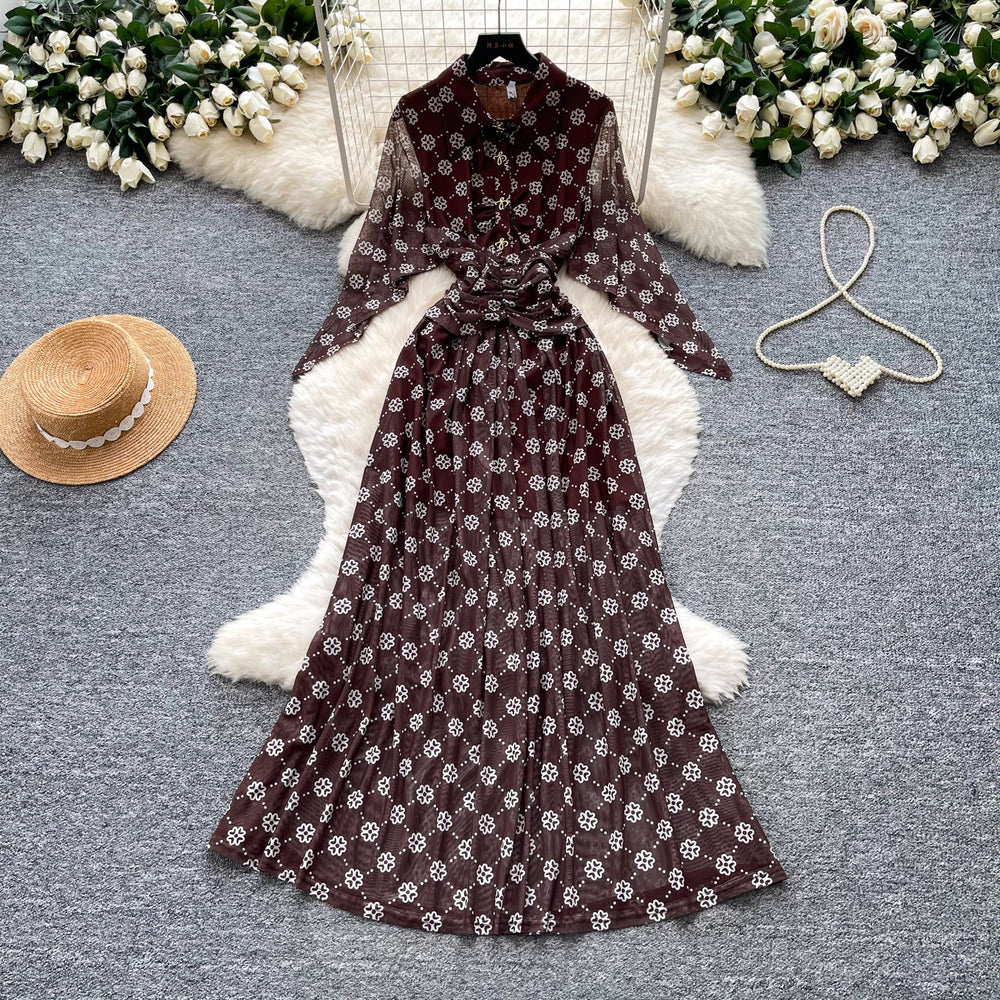 Vintage polka dot dress women's printed summer red high waist cinched waist tie waist slimming elegant long dress french elegance