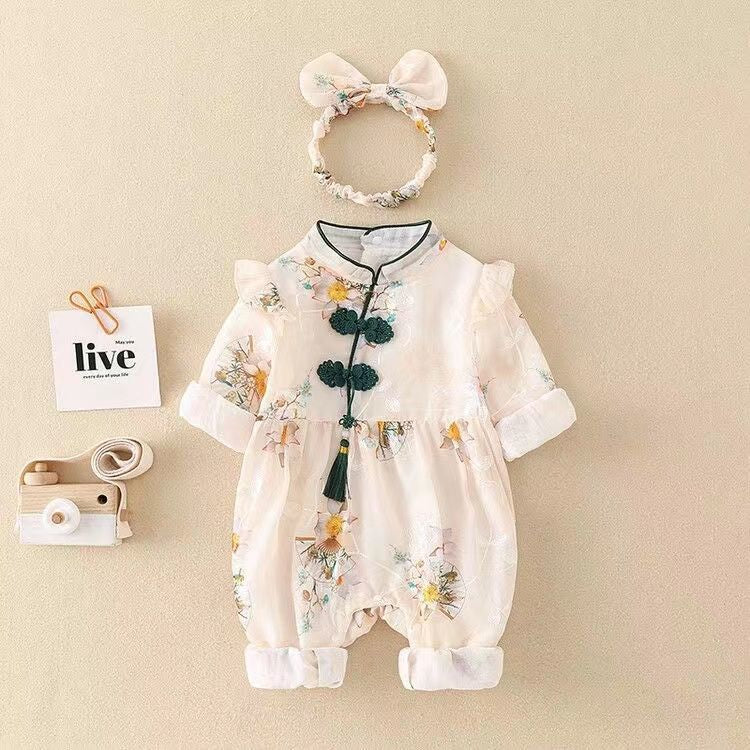 Newborn chinese style romper - spring/autumn crawling suit for baby girls - 100-day celebration double-layer long sleeve stylish outing jumpsuit