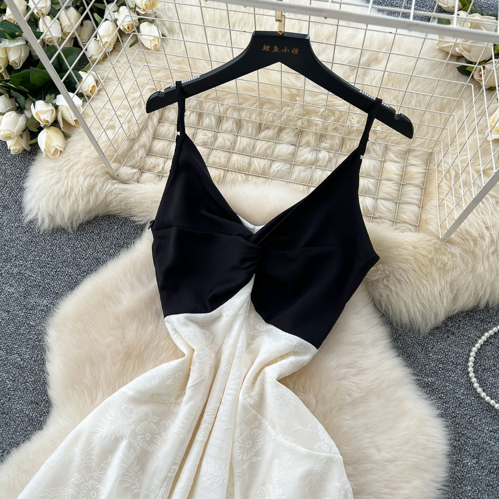 Atmosphere elegant french suspender dress for women  spring clothing sense of designcontrast colorpatchworkhigh waist holiday long skirt
