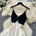 Atmosphere elegant french suspender dress for women  spring clothing sense of designcontrast colorpatchworkhigh waist holiday long skirt