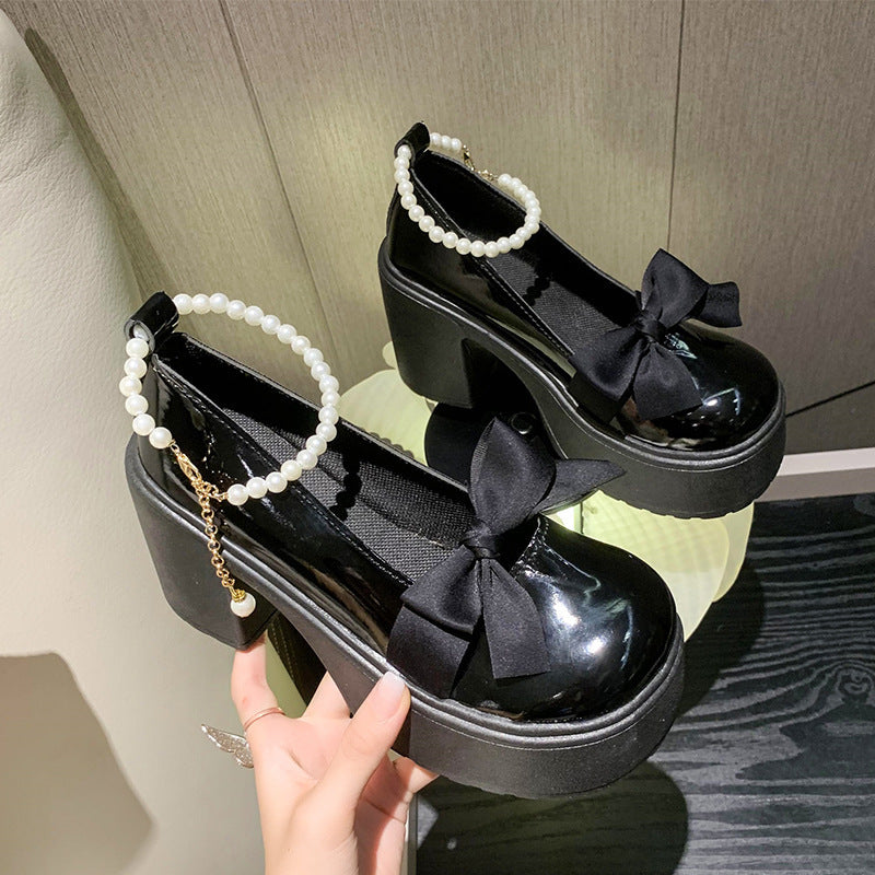 2025 spring new korean style bowknot low-cut pearl ankle strap chunky heel round toe mary jane leather shoes for women