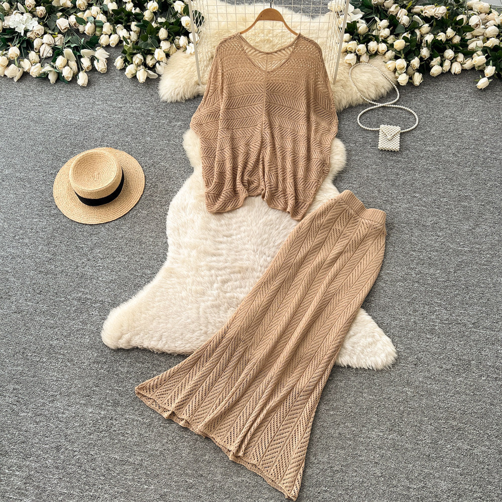 French chic cutout knit two-piece set - women's summer slim fit, slimming, minimalist, elegant, and professional attire