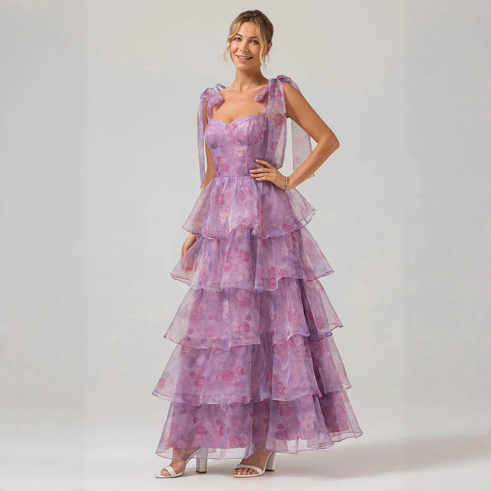 spring/summer new european and american sleeveless fashion floral camisole off-the-shoulder tie-up maxi dress in organza