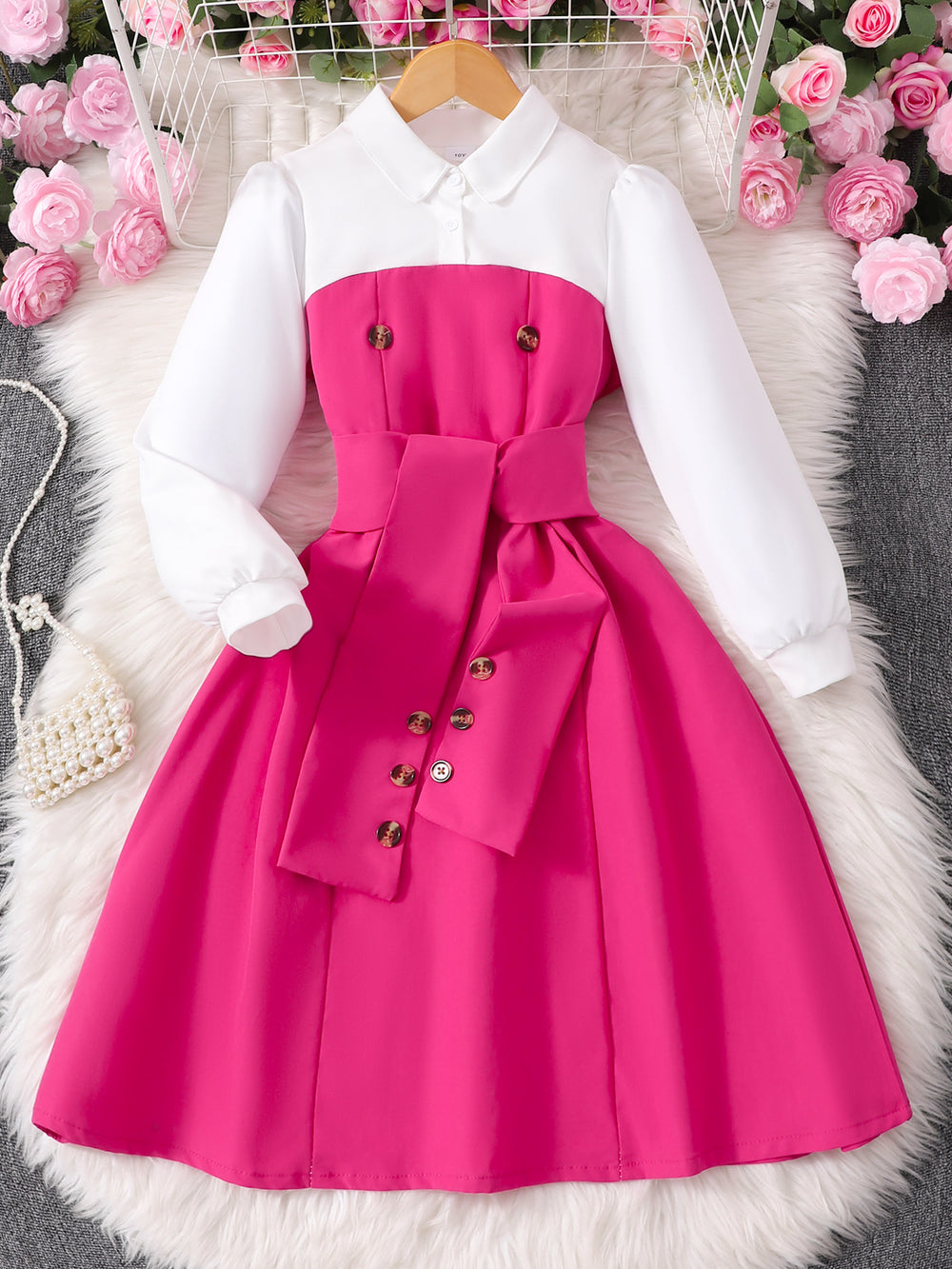 Children's long-sleeve collared button-up color block dress