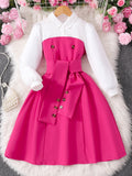 Children's long-sleeve collared button-up color block dress