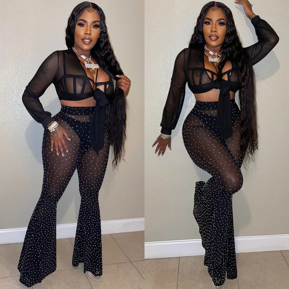 C5869   fashion new product nightclub hot diamond mesh see-through strap long-sleeved pants three-piece set