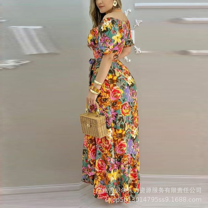Spot  2022 European and American new floral print v-neck side open dress