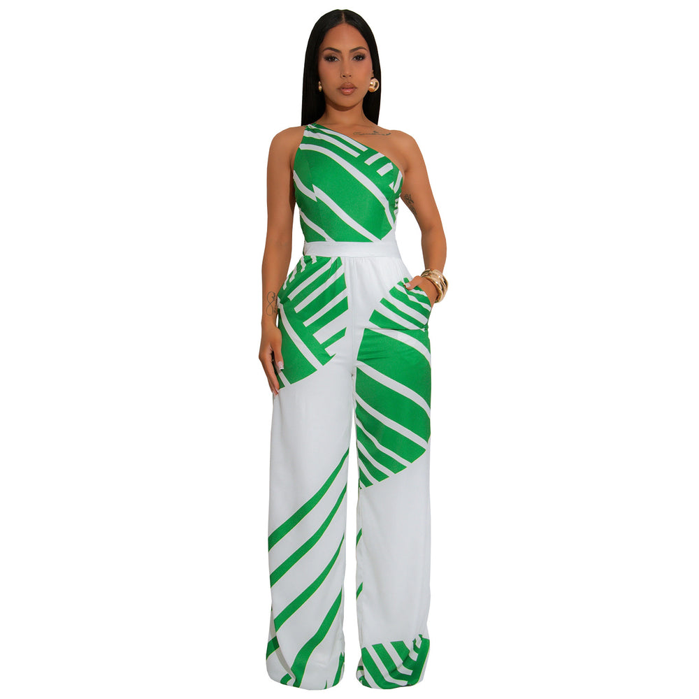 C7371 cross-border   fashion women's summer casual textured one-shoulder striped jumpsuit