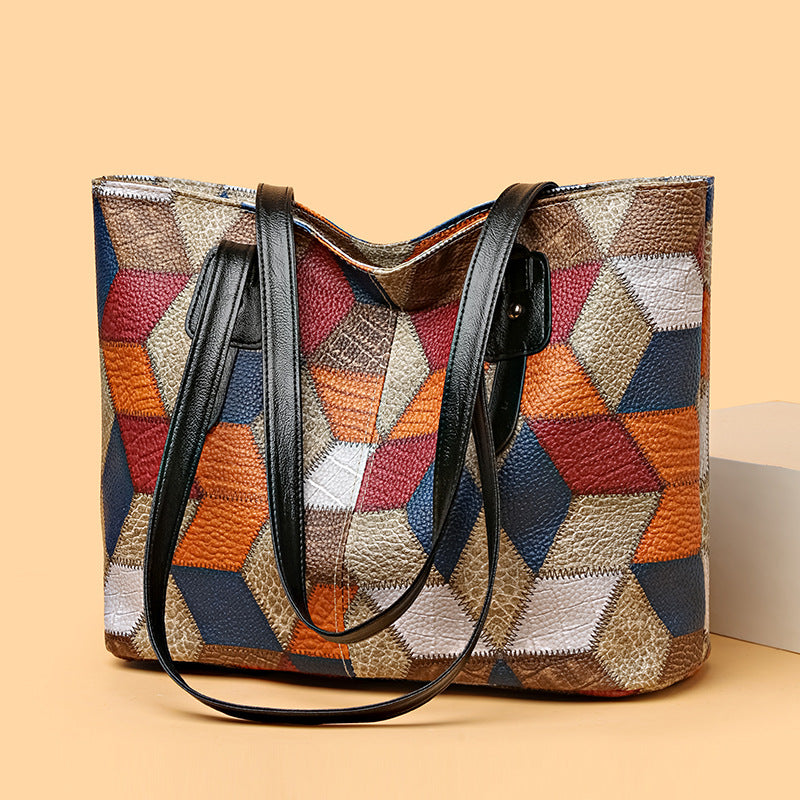 New fashionable textured patchwork shoulder bag, large capacity tote bag, versatile handbag, mom bag, commuter bag, women's bag