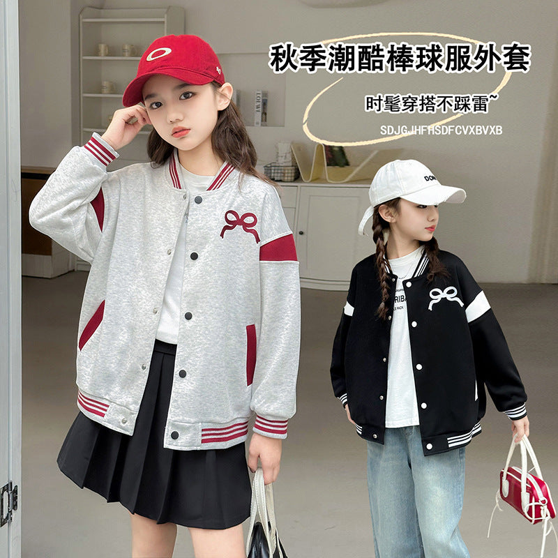 Girls' baseball jacket -  spring/autumn new collection - stylish and versatile crew neck jacket for mid-to-large children - autumn apparel