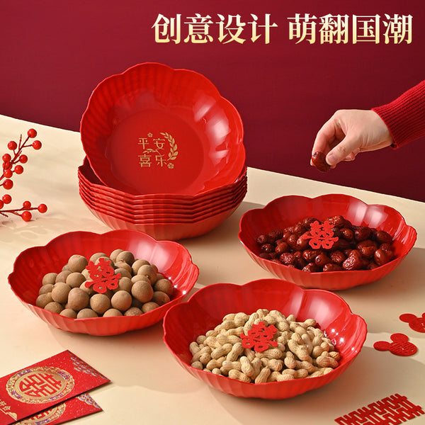 Wedding housewarming fruit plate New Year's festive red plastic PP sugar plate can be printed Chinese New Year PP fruit nut plate candy