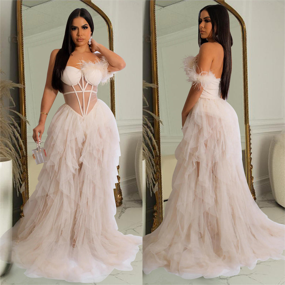 X6223 cross-border   fashion women's solid color sleeveless bandeau mesh maxi dress
