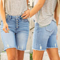 Fashionsummer buttoned half length denim shorts for women light blue ripped washed jeans raw edge stretch mid pants