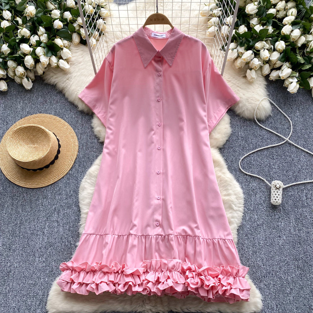 European and american style women's summer dress - unique design, loose fit, slimming, short sleeve, single-breasted, ruffle hem shirt dress