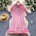 European and american style women's summer dress - unique design, loose fit, slimming, short sleeve, single-breasted, ruffle hem shirt dress