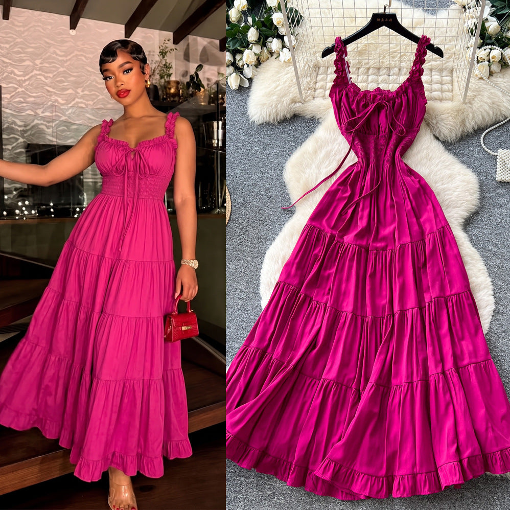 Frenchromantic style suspender earrings dress women's summer straps waist slimming look a-line cake draped long skirt