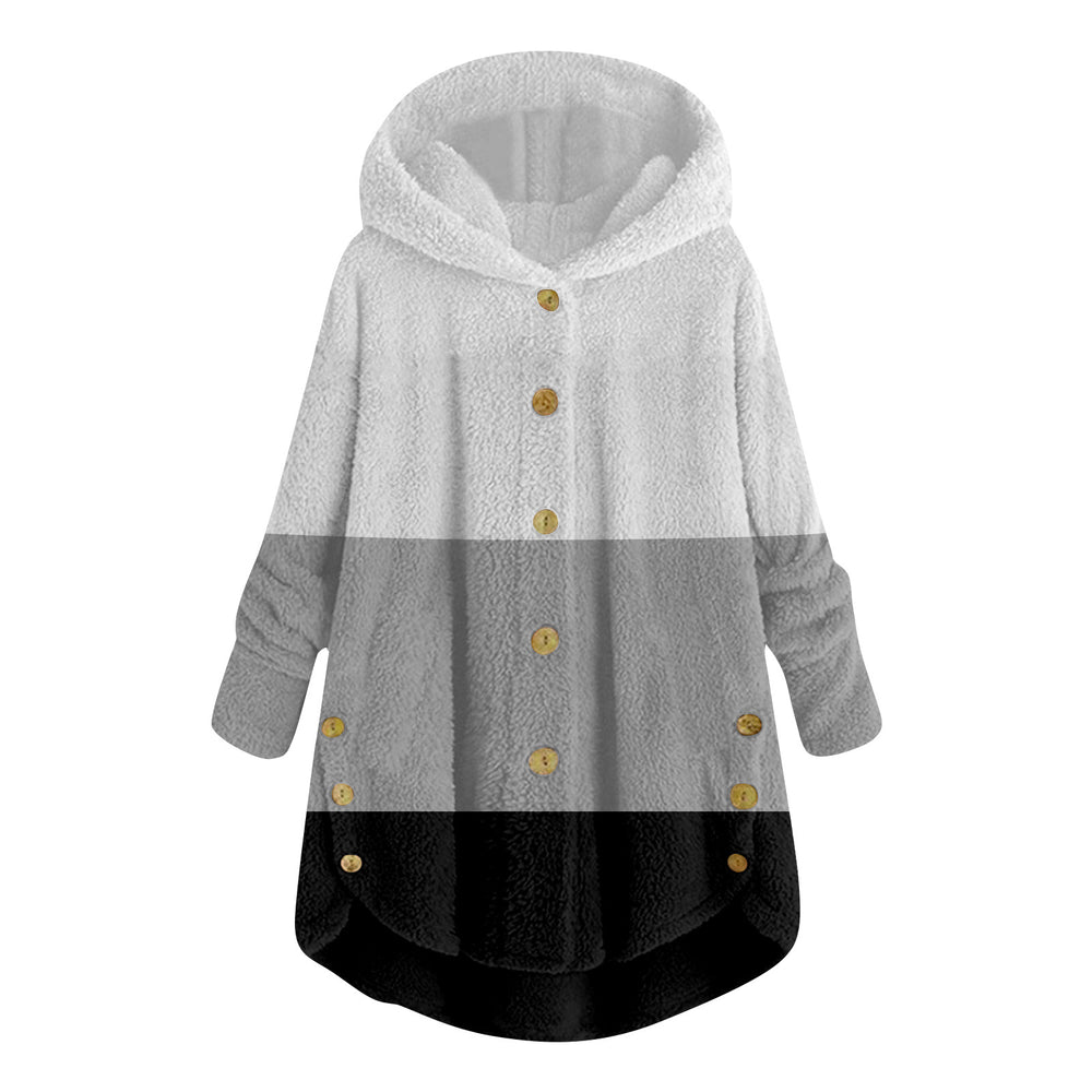 new fashion women's european and american button-down plush top color block multi-color hooded jacket