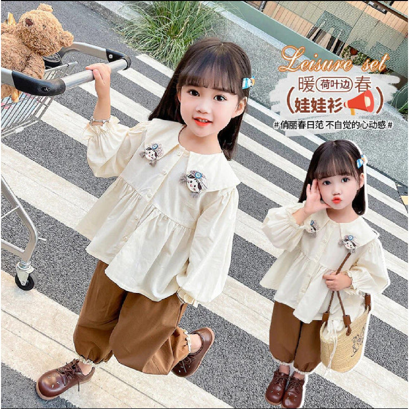 Girls' spring long-sleeve new style fashionable children's clothes baby doll shirt trendy kids' wear turn-down collar for girls