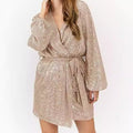2025 new sequin mini wrap dress for women - v-neck, long sleeve, puff sleeve, sparkly wrap party dress