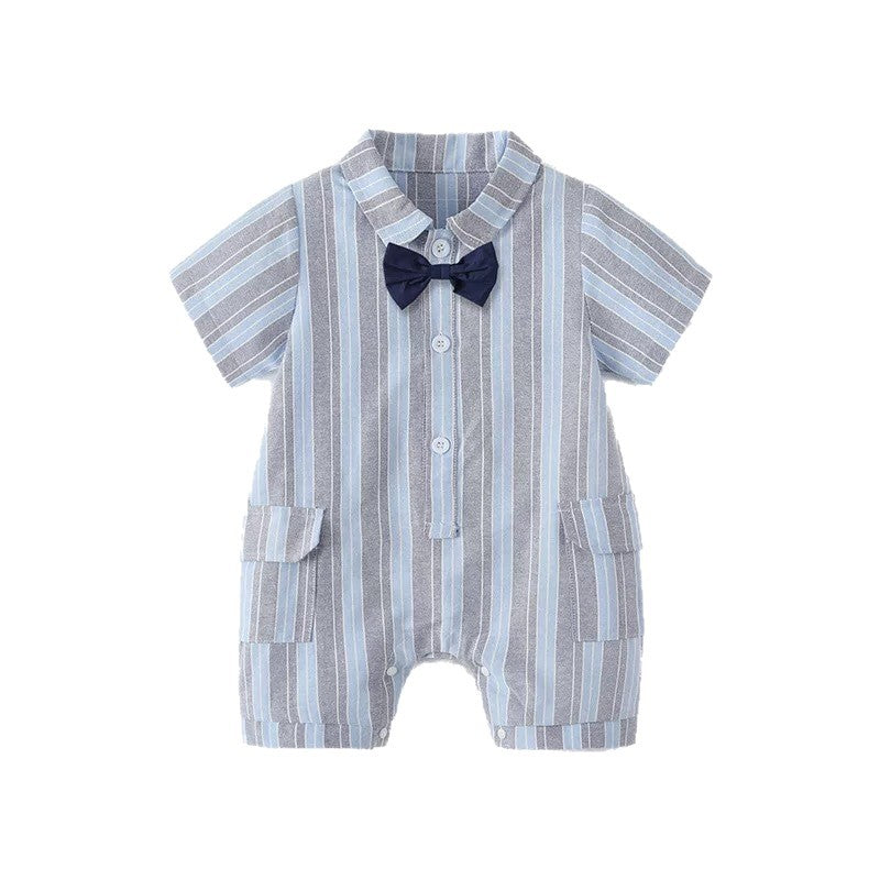 Baby clothes summer striped short-sleeve romper boy korean style gentleman outfit baby 100-day celebration first birthday crawling suit