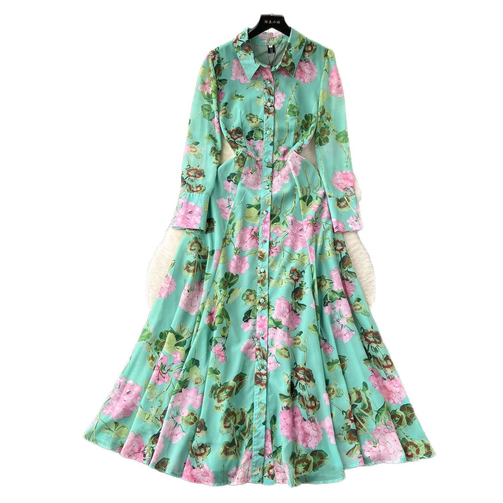 Frenchretro style floral shirt collar dress women's spring waist slimming lookclassy senseaccessible luxury socialite large swing skirt