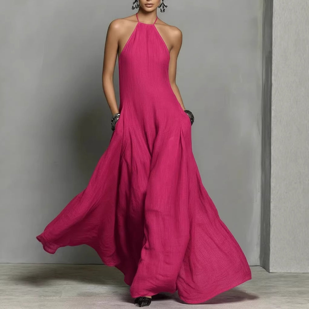 spring/summer new arrivals: european and american -style independent store cotton-linen blend minimalist open-back sleeveless maxi dress