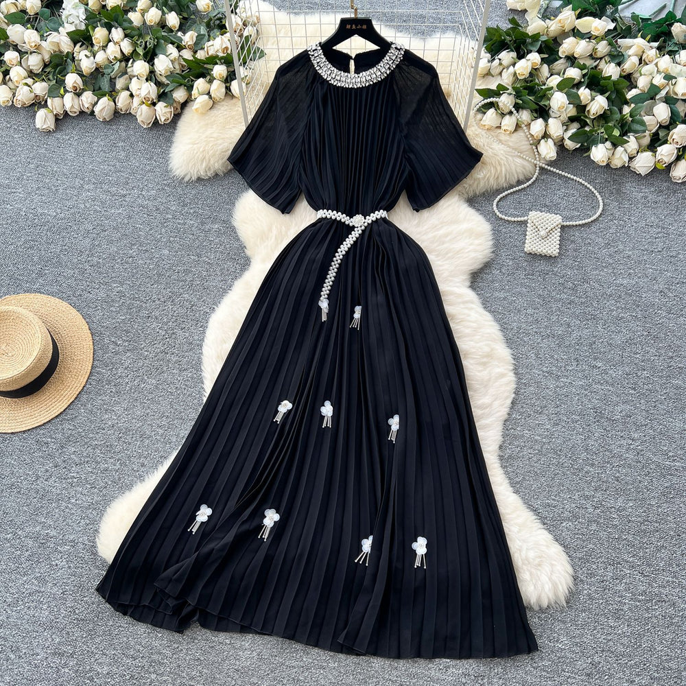 European and american light luxury high-end short-sleeve dress for women - summer pleated, rhinestone-embellished, pearl belt design