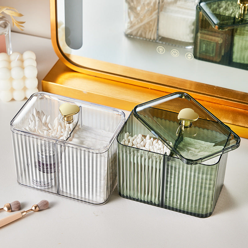 Cosmetic organizer box - cotton swabs, cotton pads, makeup sponges, makeup brushes - desktop storage with lid, divided compartments, transparent organizer