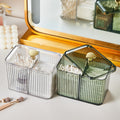 Cosmetic organizer box - cotton swabs, cotton pads, makeup sponges, makeup brushes - desktop storage with lid, divided compartments, transparent organizer