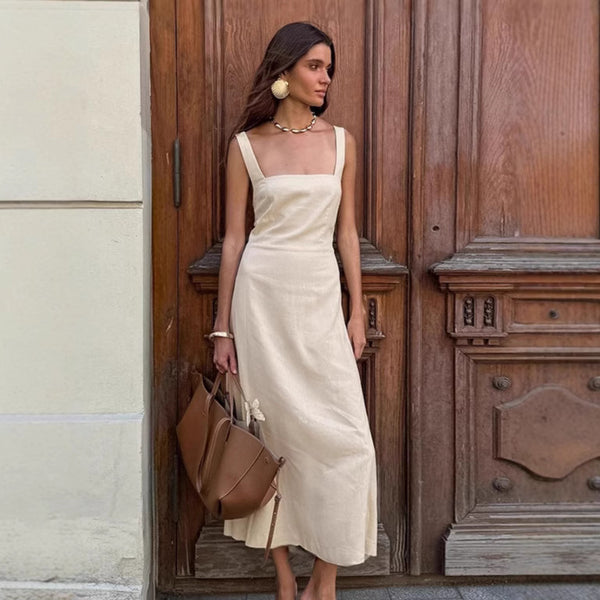 European and American  elegant khaki cotton and linen suspender dress women's 2025 autumn temperament ramie A-shaped dress women's clothing