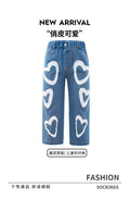 Girls' straight-leg denim pants - blue, heart print, high-waisted wide-leg trousers for kids ages 4-8