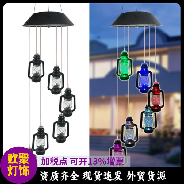 Foreign trade new solar kerosene lamp 6LED color-changing colorful wind chime lamp, garden decoration retro horse lamp