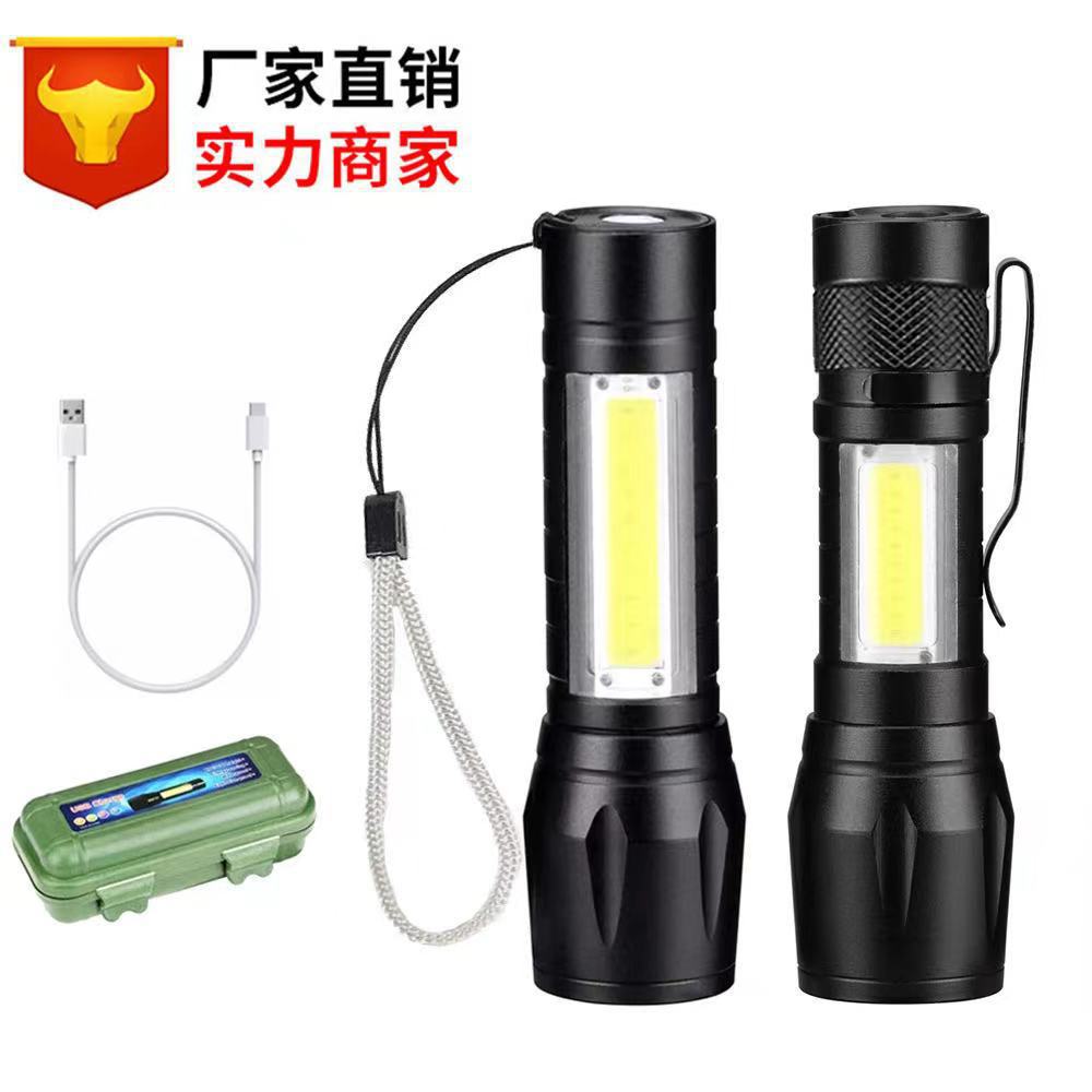Cross-border mini LED flashlight USB charging outdoor waterproof telescopic zoom aluminum alloy COB small flashlight