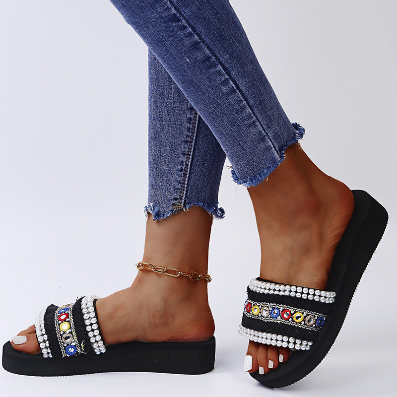 Ethnic style fashion slippers for women 2025 summernew arrivalplus sizesequin pearl toe sandals and flip-flops for beach