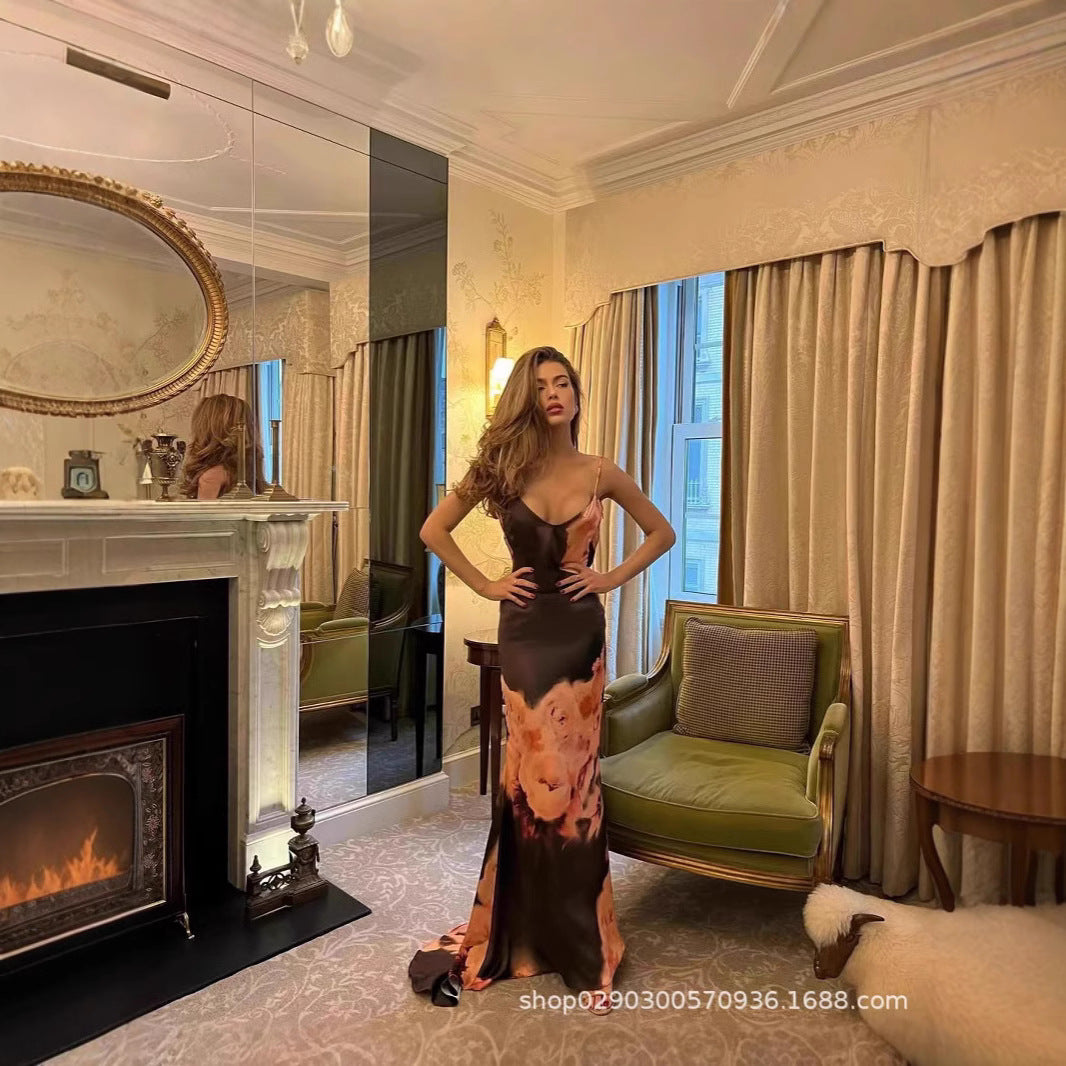 SDM143 European and American  women's clothing wholesale temperament suspender V-neck printed floor dress vacation dress wholesale