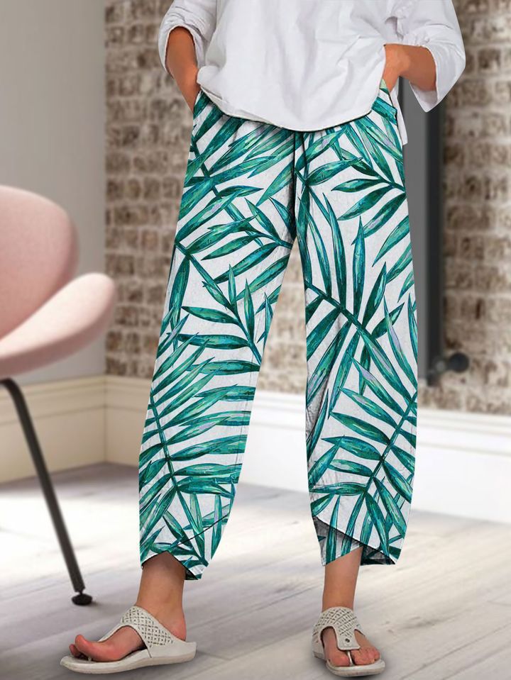 new  wide-leg pants: relaxed fit, cotton linen blend, printed, pocketed, elastic waist, cropped length - women's - in stock