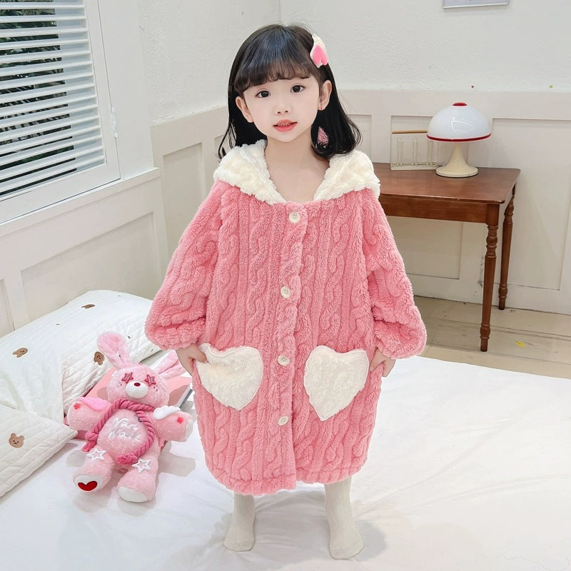 Girls' coral fleece pajamas - autumn/winter kids' robe - long, warm, wearable bathrobe for baby girls