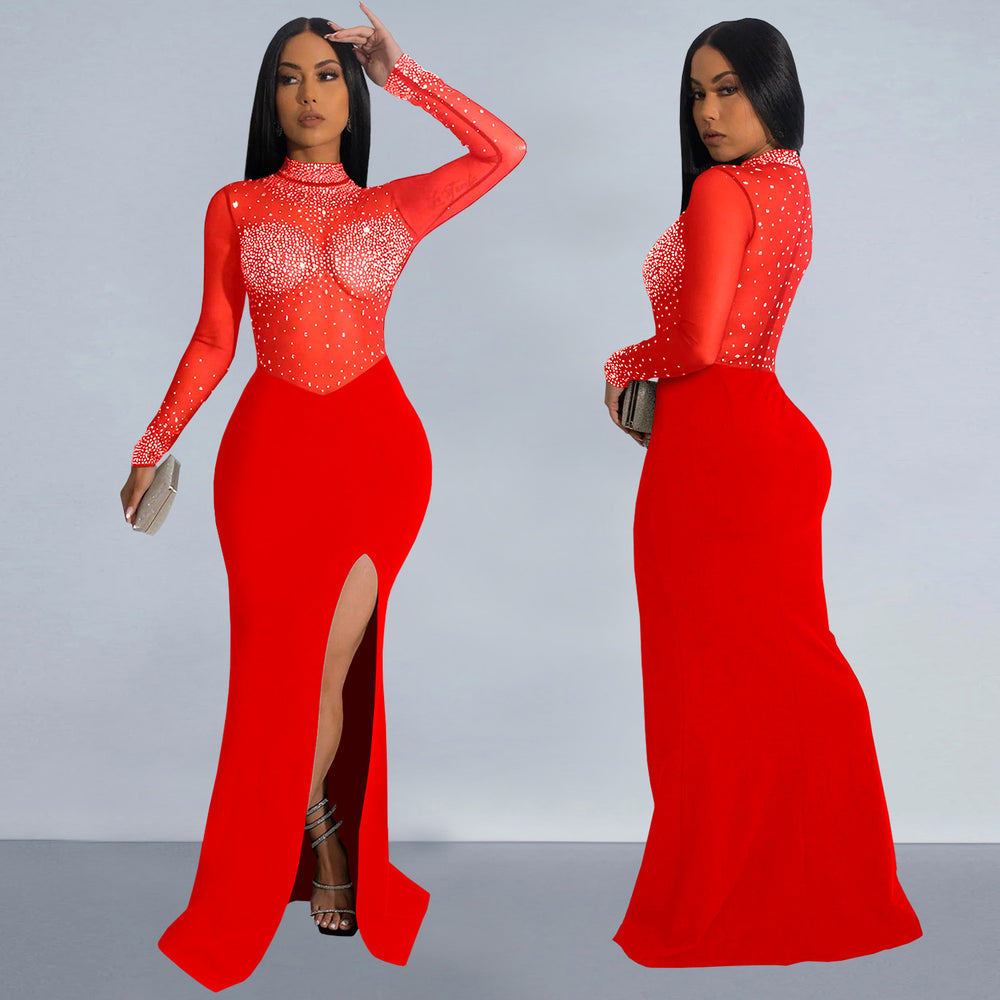 C7330 cross-border   fashion women's sexy see-through mesh rhinestone slit dress