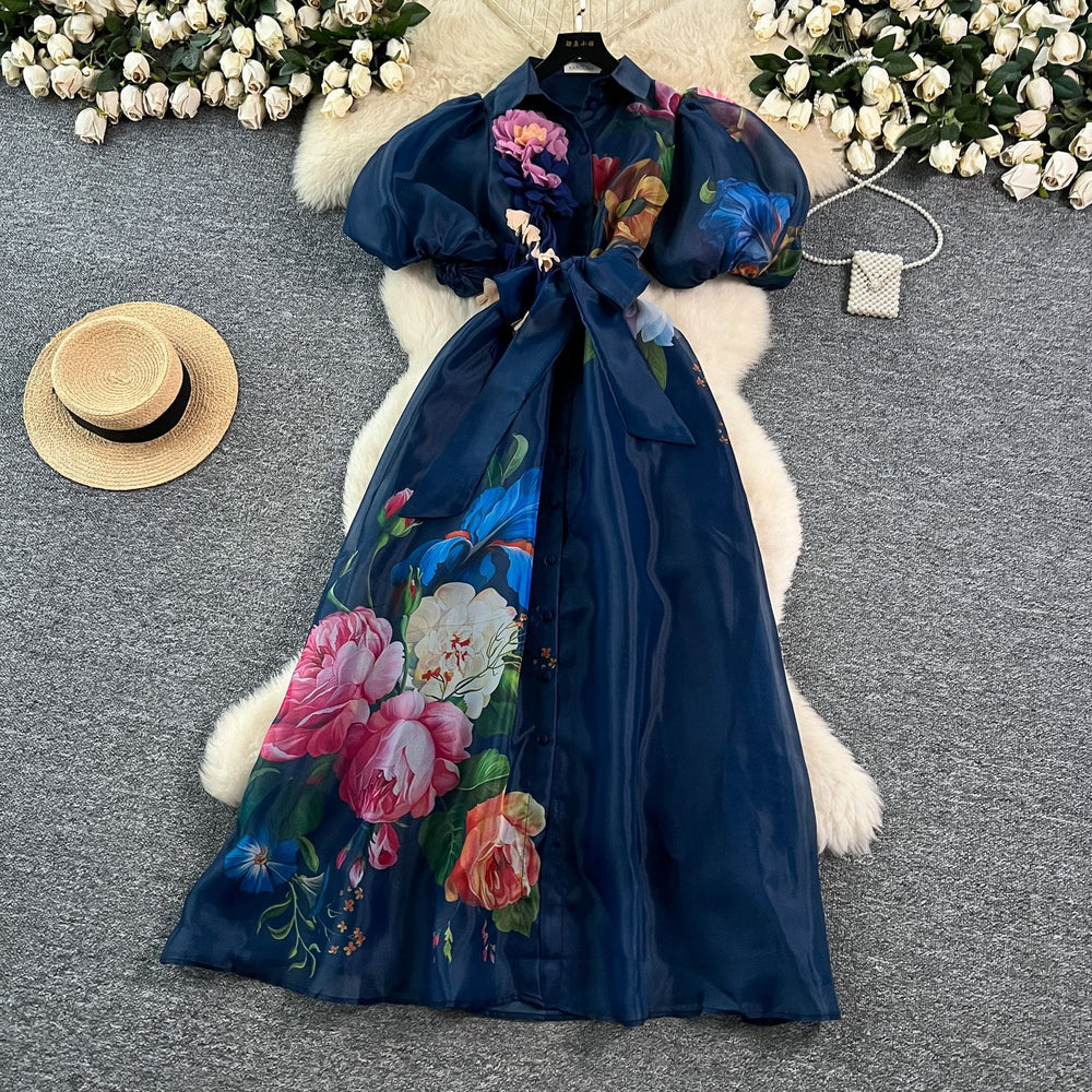 Frenchelegancedress women's summer palace style strap waist stereo flower lantern sleeve printing mesh long skirt