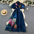 Frenchelegancedress women's summer palace style strap waist stereo flower lantern sleeve printing mesh long skirt