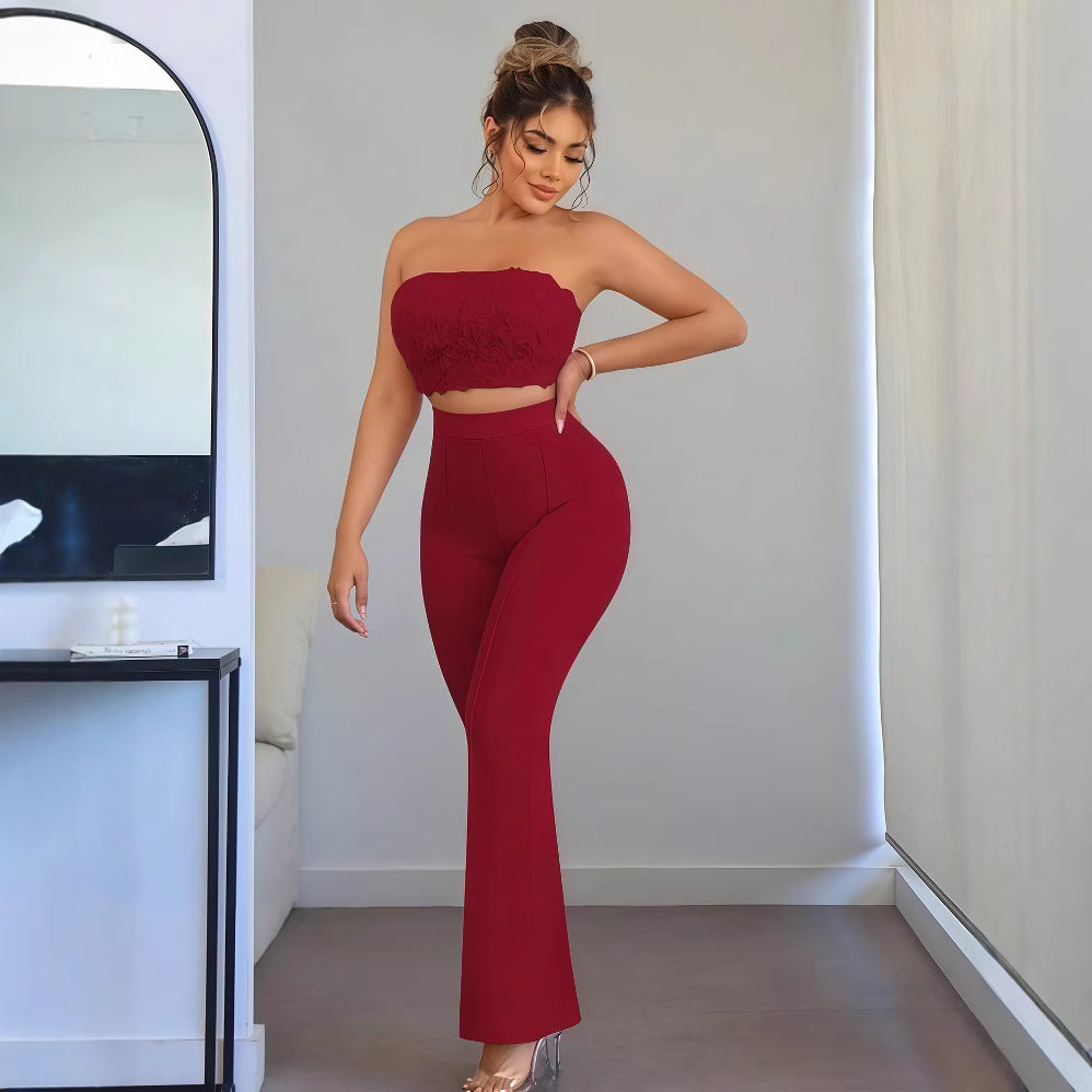 European and american cross-border women's fashion  summer new arrival: solid color exquisite small floral bandeau top and flared leggings two-piece set
