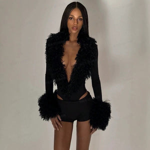european and american autumn new women's sexy deep v-neck faux fur collar long sleeve bodysuit - slim fit, fashionable, and versatile