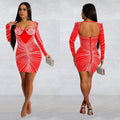 C6700 cross-border   fashion women's solid color mesh rhinestone long sleeve mini dress
